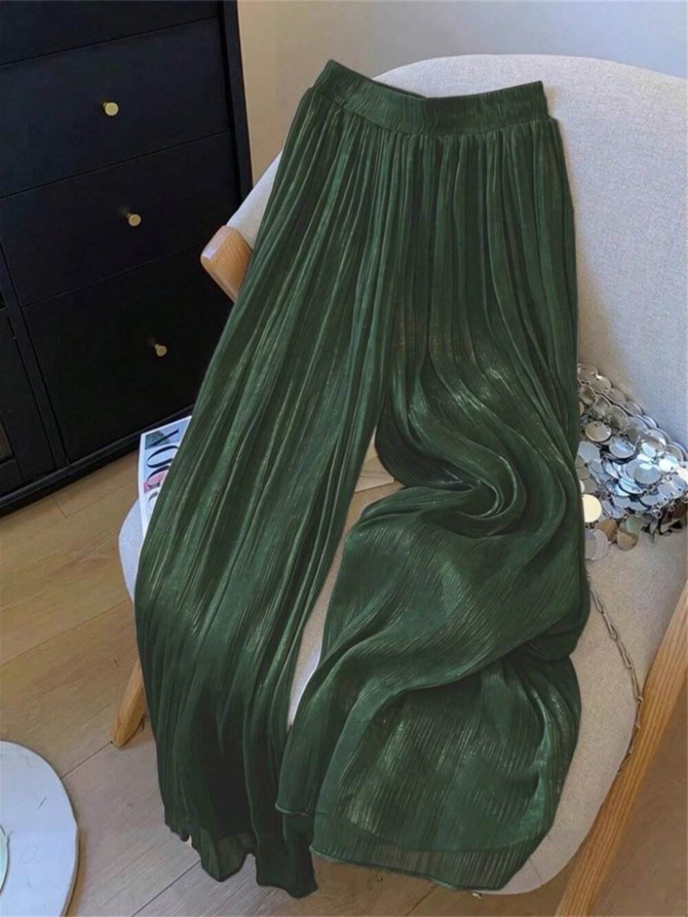 Emerald Green Pleated Wide Leg Palazzo Pants